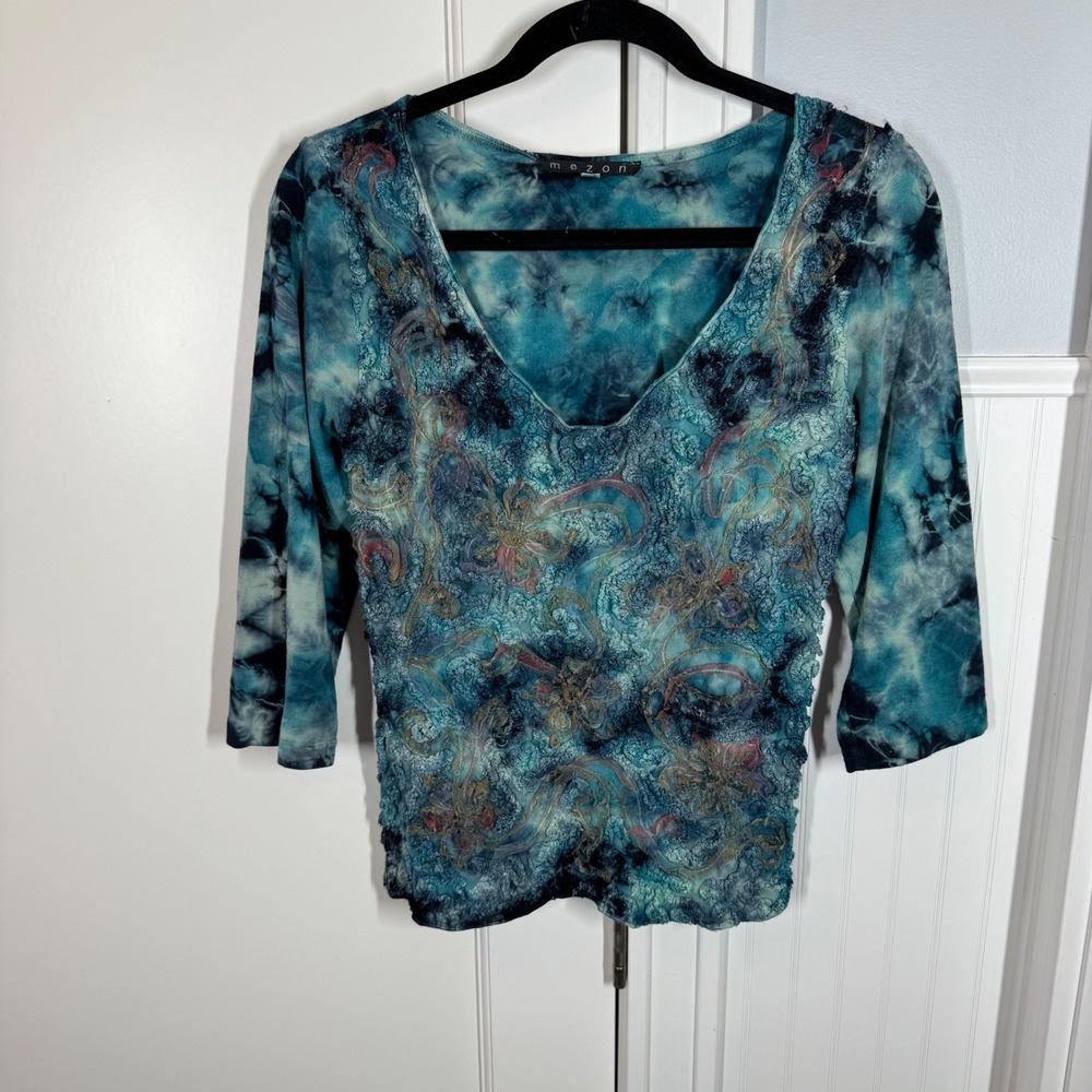 Mezon 3/4 Sleeve Top Womens‎ Large Blue Tie Dye Textured Art To Wear